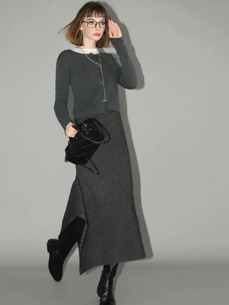 COCOBELLA Asymmetric Topstitch Mid Rise Office Straight H Line Women Maxi Skirts