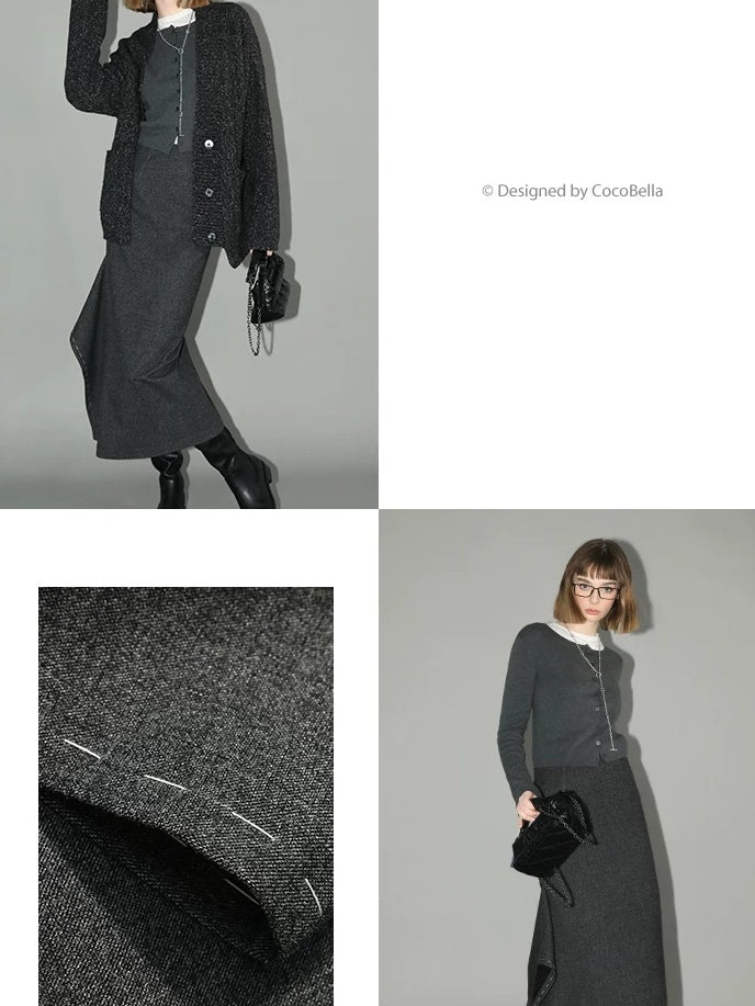 COCOBELLA Asymmetric Topstitch Mid Rise Office Straight H Line Women Maxi Skirts