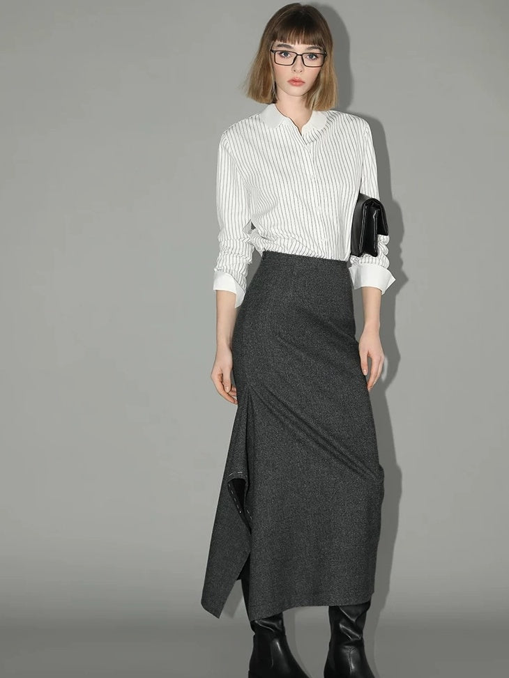 COCOBELLA Asymmetric Topstitch Mid Rise Office Straight H Line Women Maxi Skirts