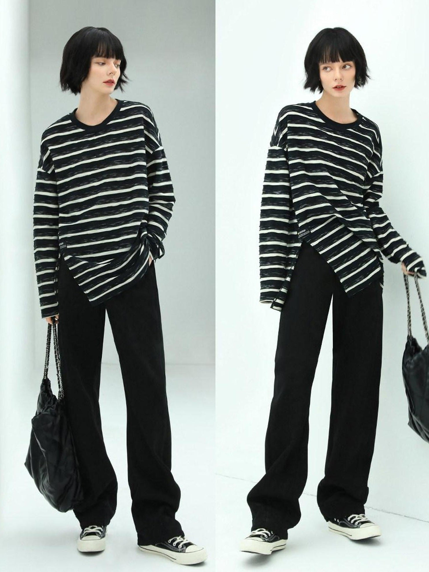 COCOBELLA Asymmetrical Striped Long Sleeve Pullover Straight Fit Commuter Women Shirts