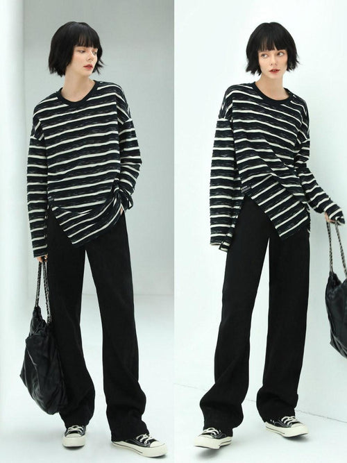 COCOBELLA Asymmetrical Striped Long Sleeve Pullover Straight Fit Commuter Women Shirts
