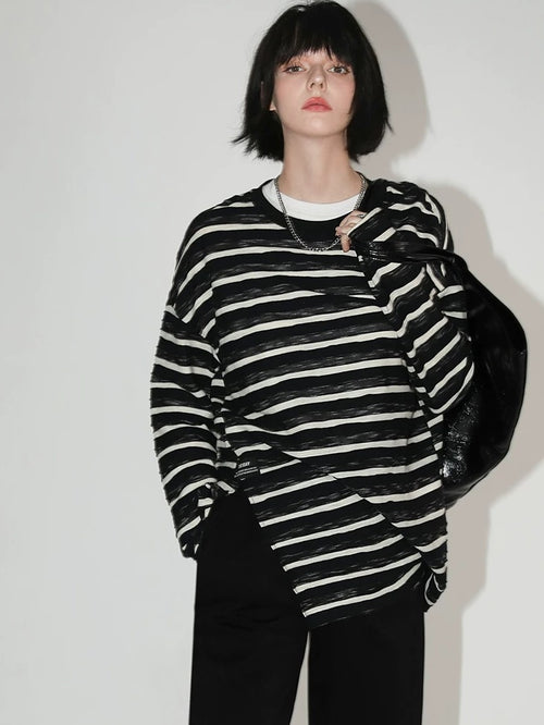 COCOBELLA Asymmetrical Striped Long Sleeve Pullover Straight Fit Commuter Women Shirts