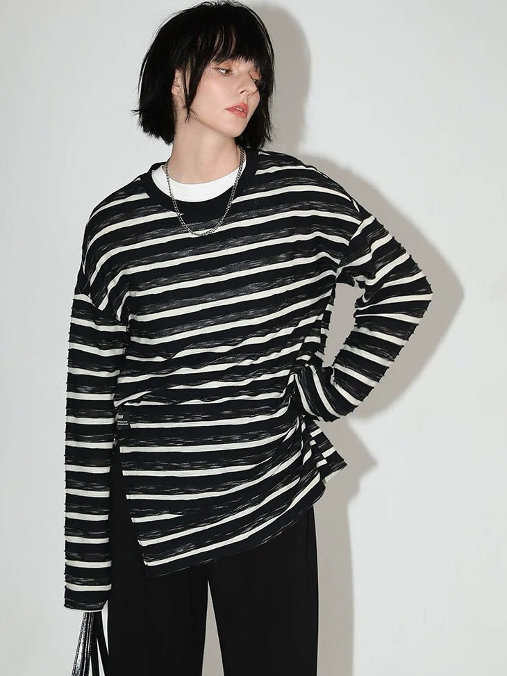 COCOBELLA Asymmetrical Striped Long Sleeve Pullover Straight Fit Commuter Women Shirts