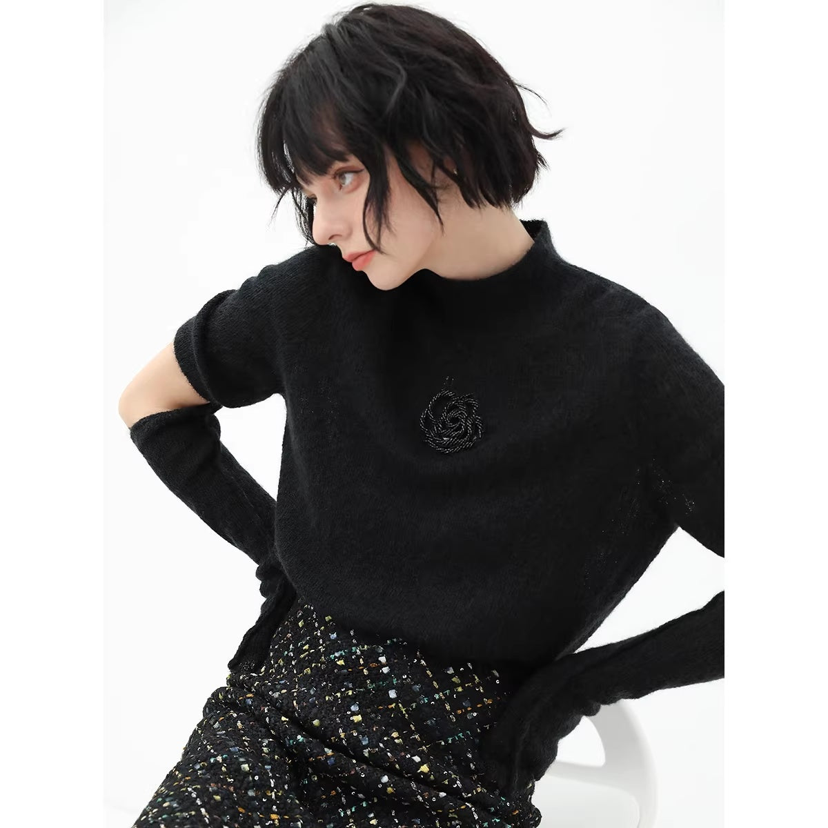 COCOBELLA_Beaded_Detachable_Sleeves_Straight_Fit_Office_Knit_Mock_Neck_Black_Sweater_MISSTT