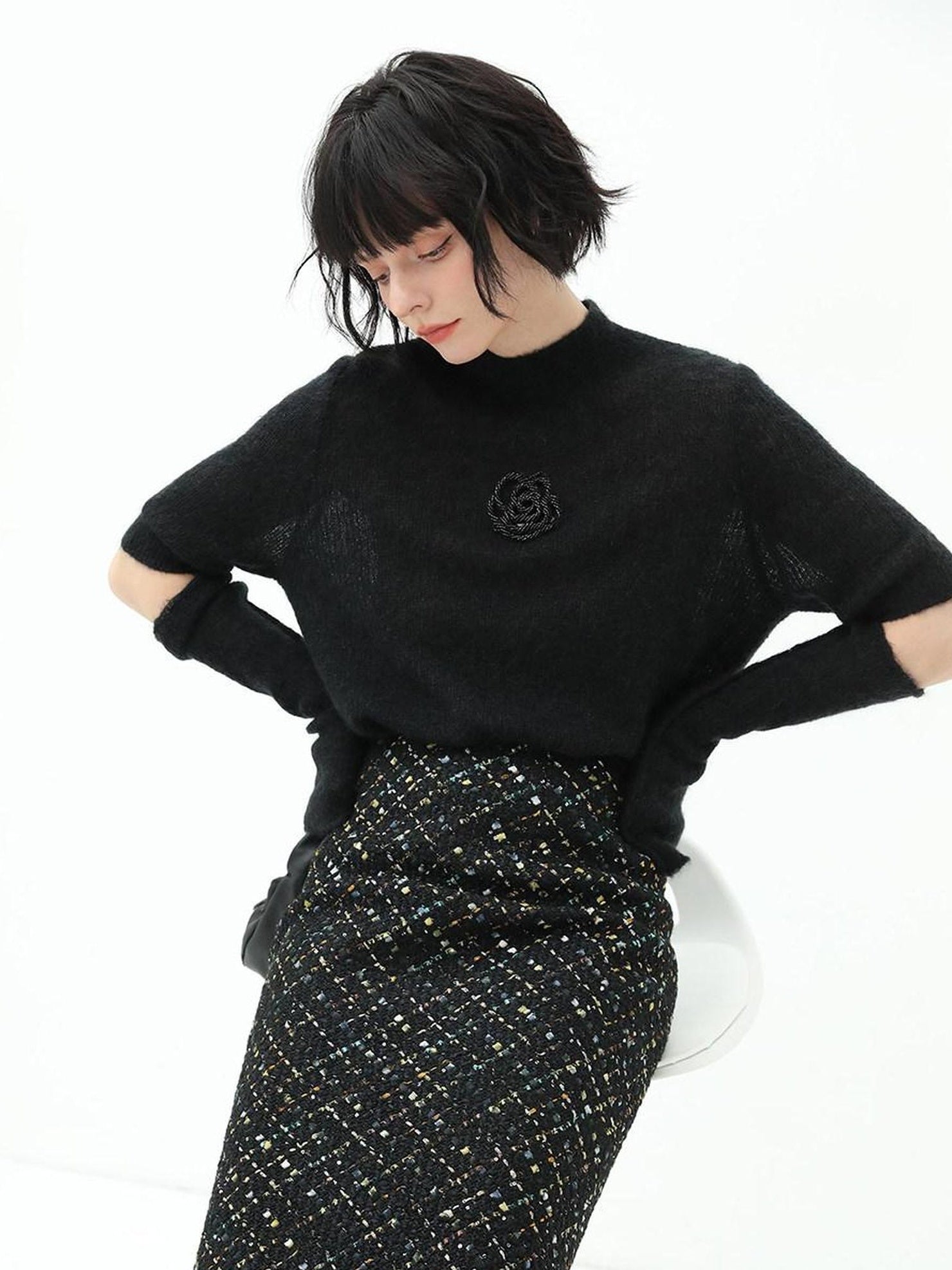 COCOBELLA Beaded Detachable Sleeves Straight Fit Office Knit Mock Neck Black Sweater