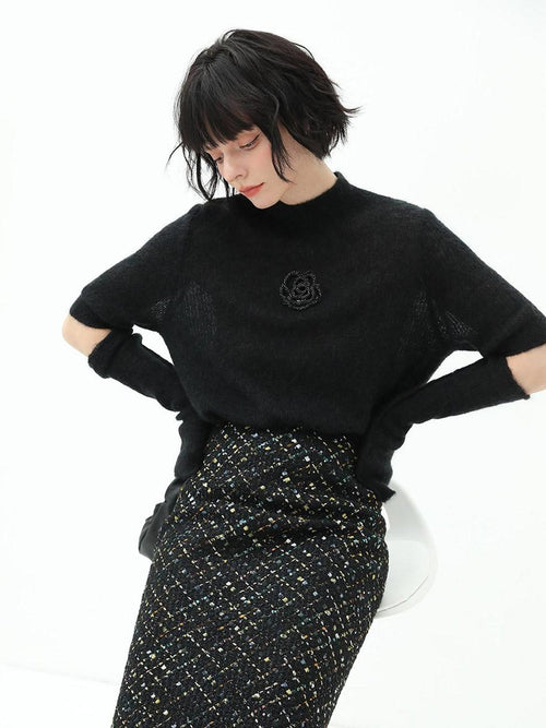 COCOBELLA Beaded Detachable Sleeves Straight Fit Office Knit Mock Neck Black Sweater