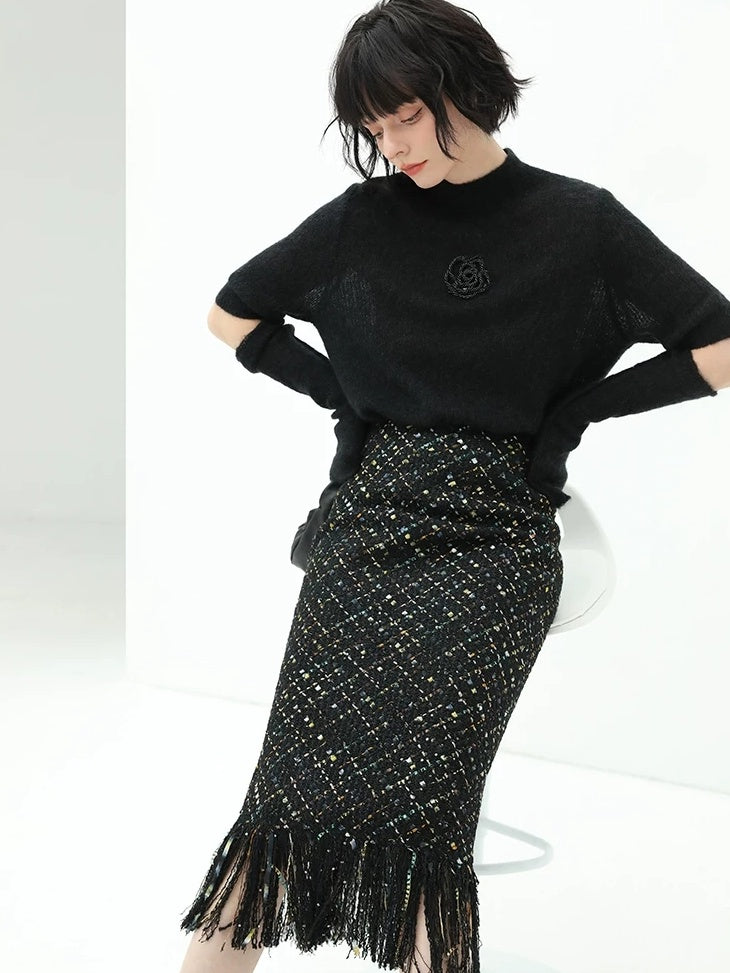 COCOBELLA Beaded Detachable Sleeves Straight Fit Office Knit Mock Neck Black Sweater