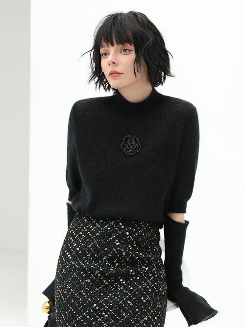 COCOBELLA Beaded Detachable Sleeves Straight Fit Office Knit Mock Neck Black Sweater