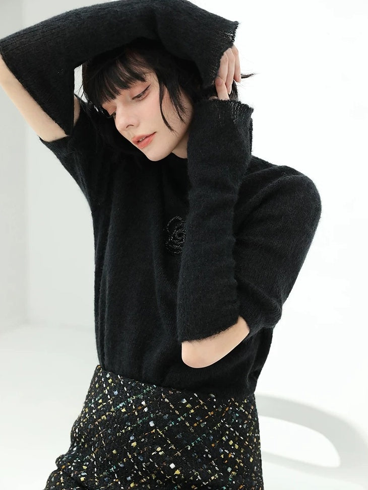 COCOBELLA Beaded Detachable Sleeves Straight Fit Office Knit Mock Neck Black Sweater