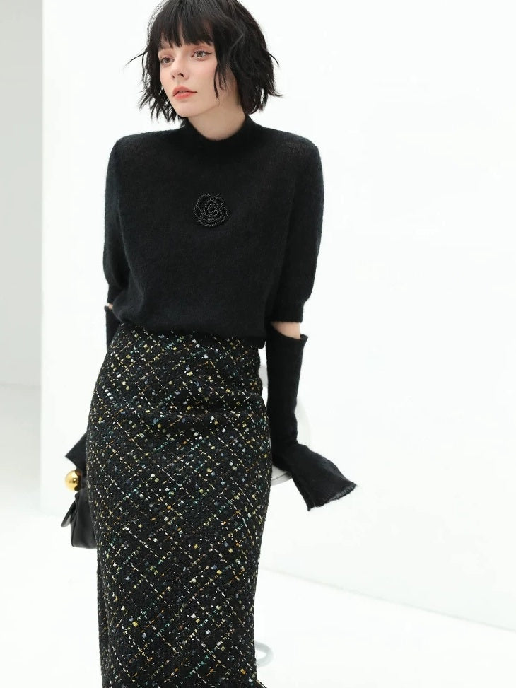 COCOBELLA Beaded Detachable Sleeves Straight Fit Office Knit Mock Neck Black Sweater