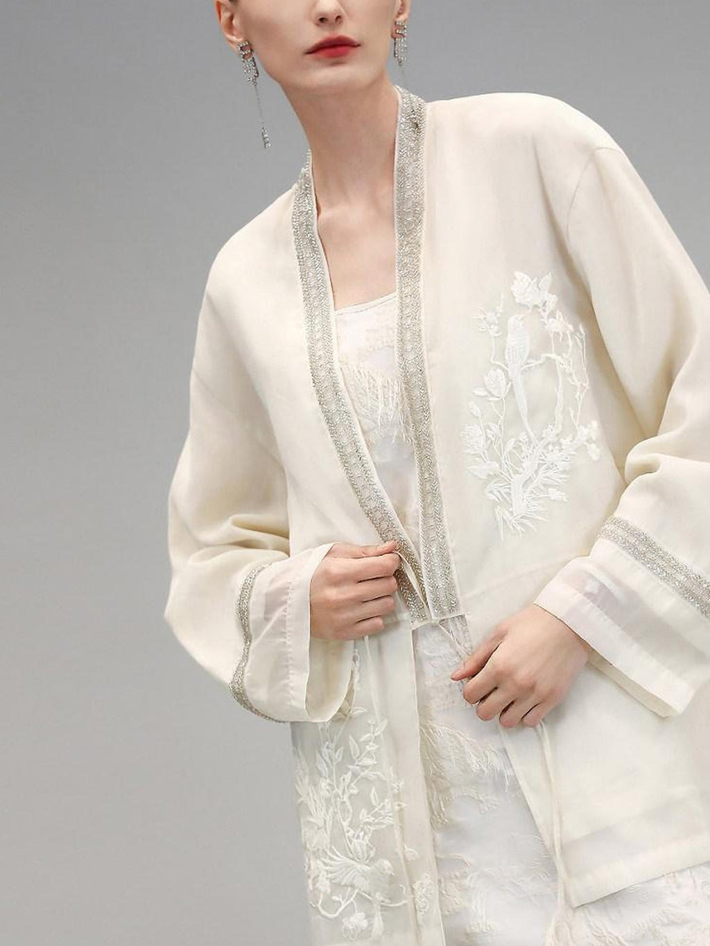 COCOBELLA Beaded Embroidered Tie Front Chinese Loose V Neck Floral Long Sleeve Pearl Shirts