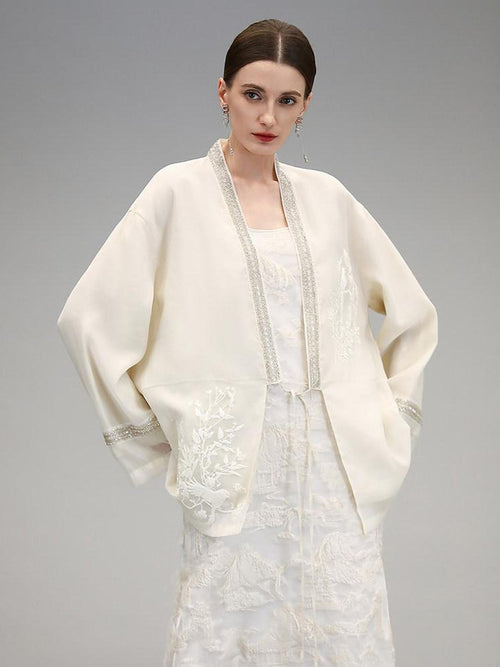 COCOBELLA Beaded Embroidered Tie Front Chinese Loose V Neck Floral Long Sleeve Pearl Shirts