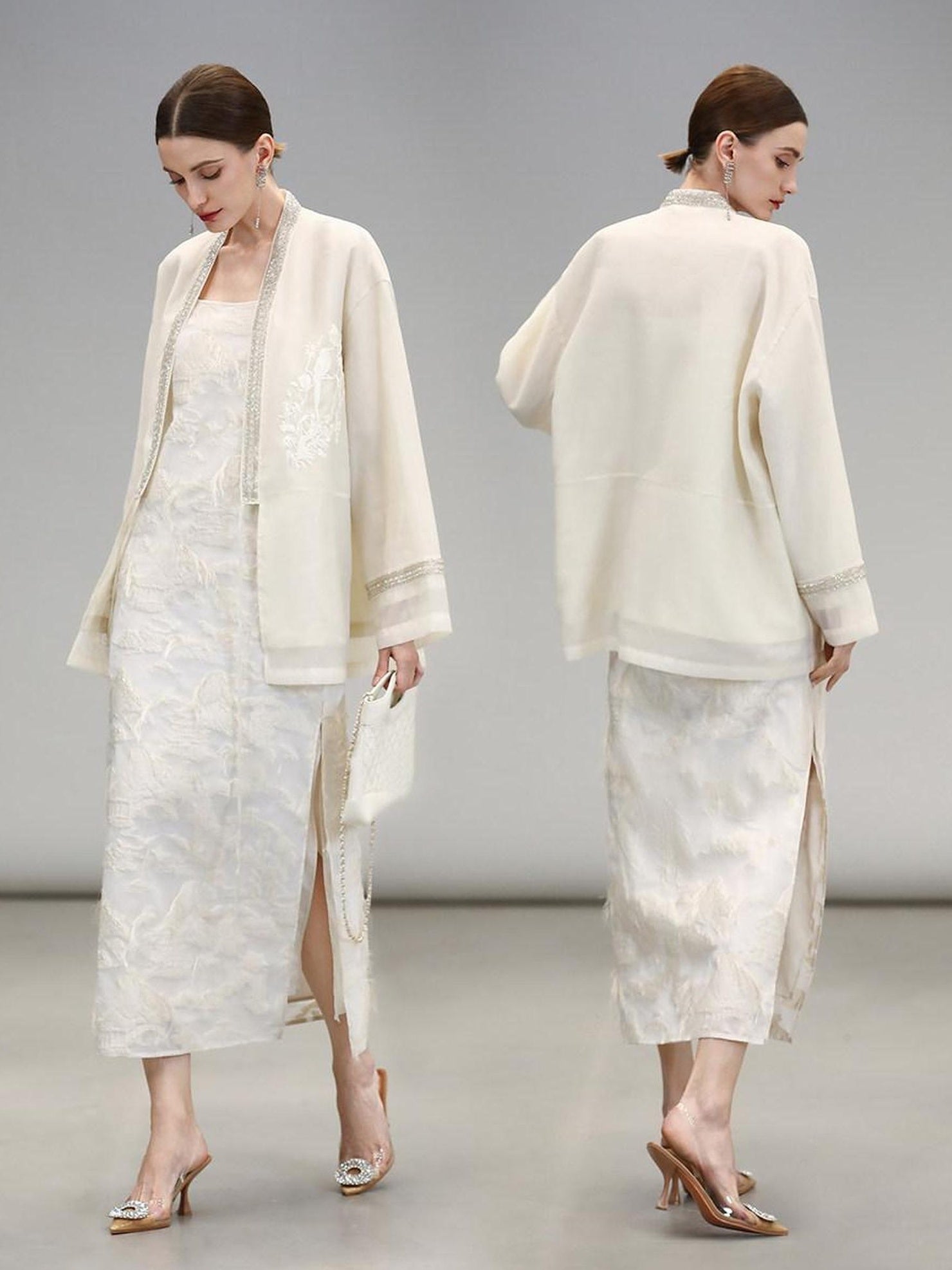 COCOBELLA Beaded Embroidered Tie Front Chinese Loose V Neck Floral Long Sleeve Pearl Shirts