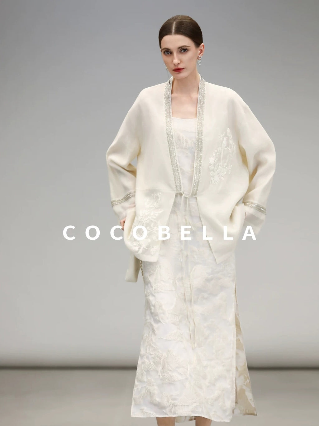 COCOBELLA Beaded Embroidered Tie Front Chinese Loose V Neck Floral Long Sleeve Pearl Shirts