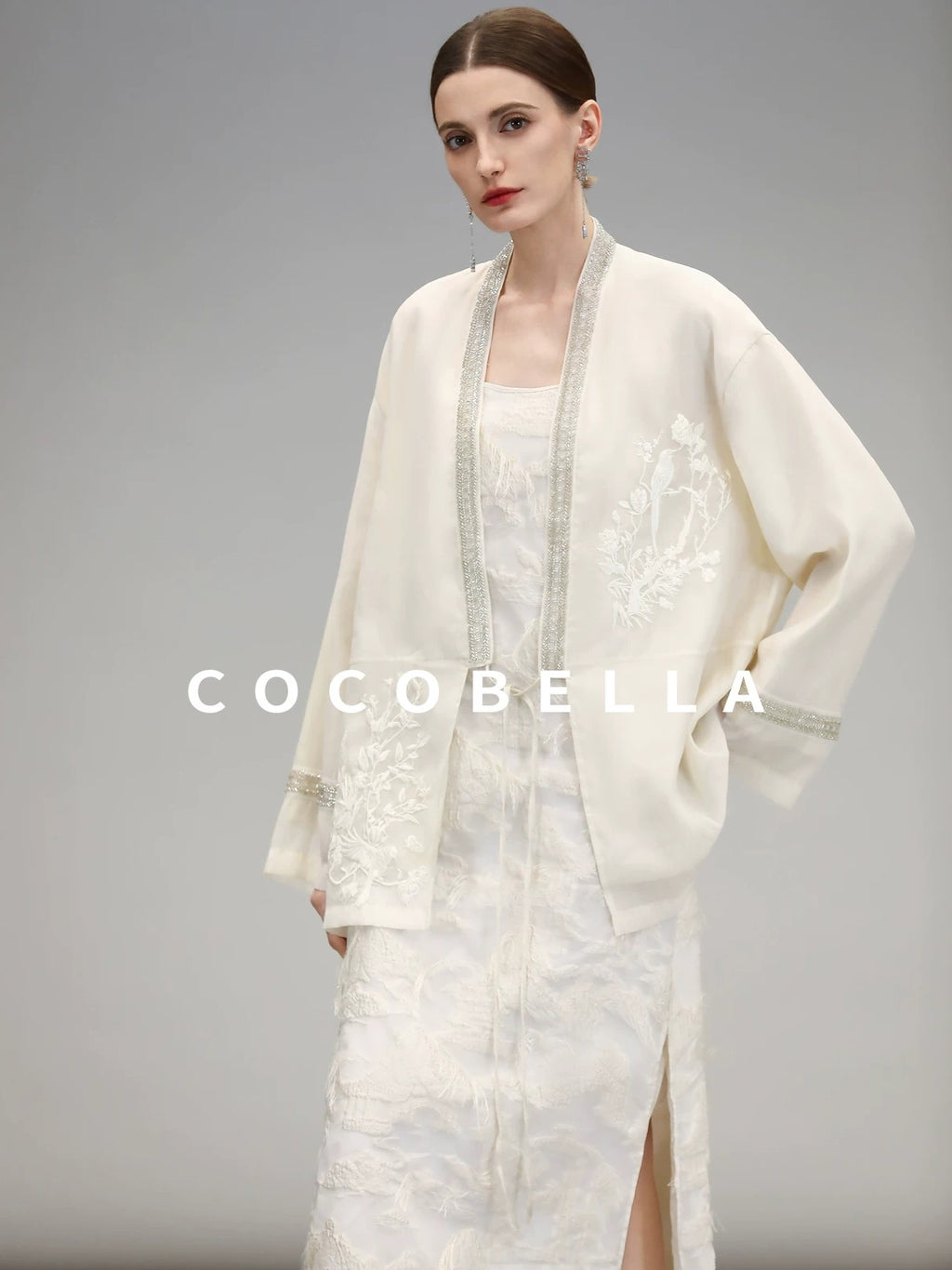 COCOBELLA Beaded Embroidered Tie Front Chinese Loose V Neck Floral Long Sleeve Pearl Shirts