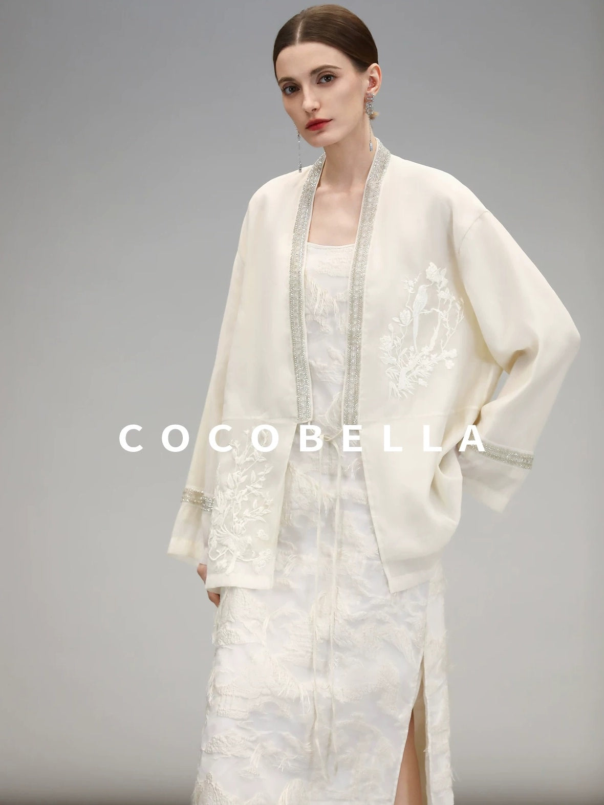 COCOBELLA Beaded Embroidered Tie Front Chinese Loose V Neck Floral Long Sleeve Pearl Shirts