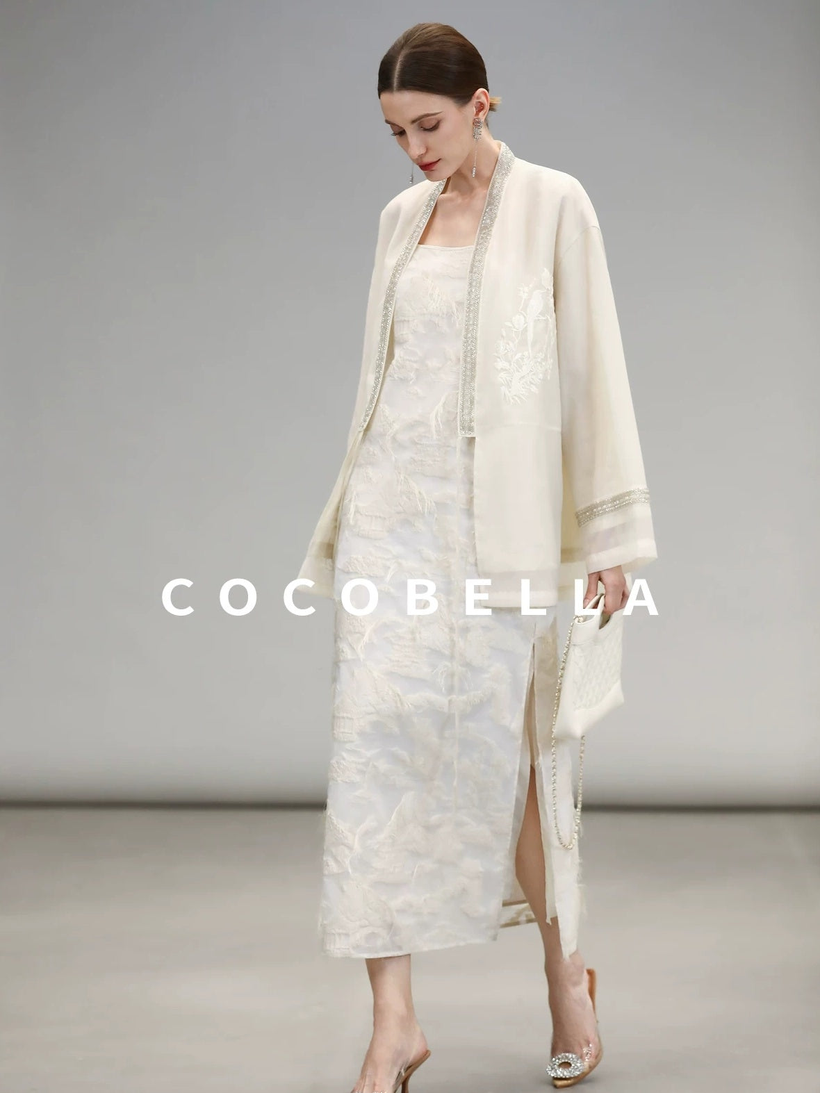 COCOBELLA Beaded Embroidered Tie Front Chinese Loose V Neck Floral Long Sleeve Pearl Shirts