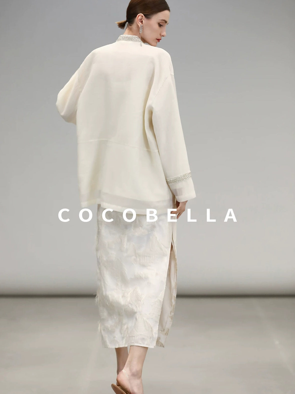 COCOBELLA Beaded Embroidered Tie Front Chinese Loose V Neck Floral Long Sleeve Pearl Shirts