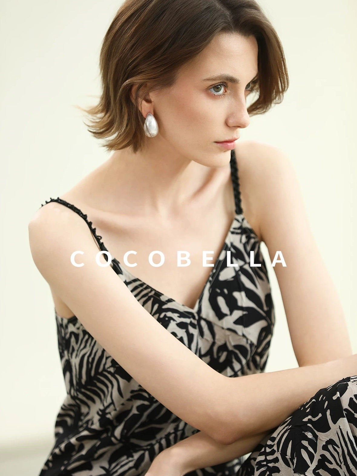 COCOBELLA Beaded Printed V Neck Slip Dress A Line Side Slit Waist Work Dresses