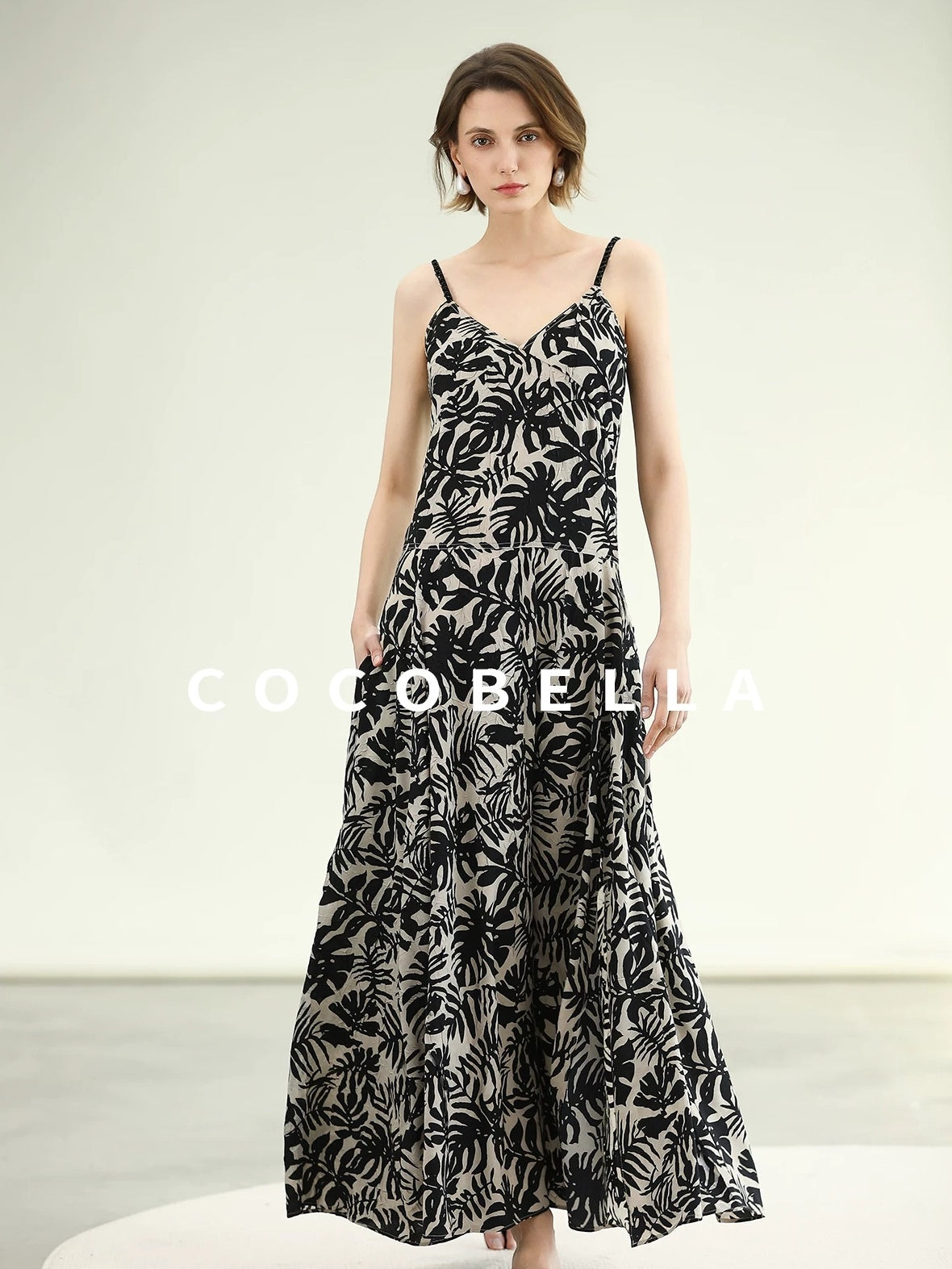 COCOBELLA Beaded Printed V Neck Slip Dress A Line Side Slit Waist Work Dresses