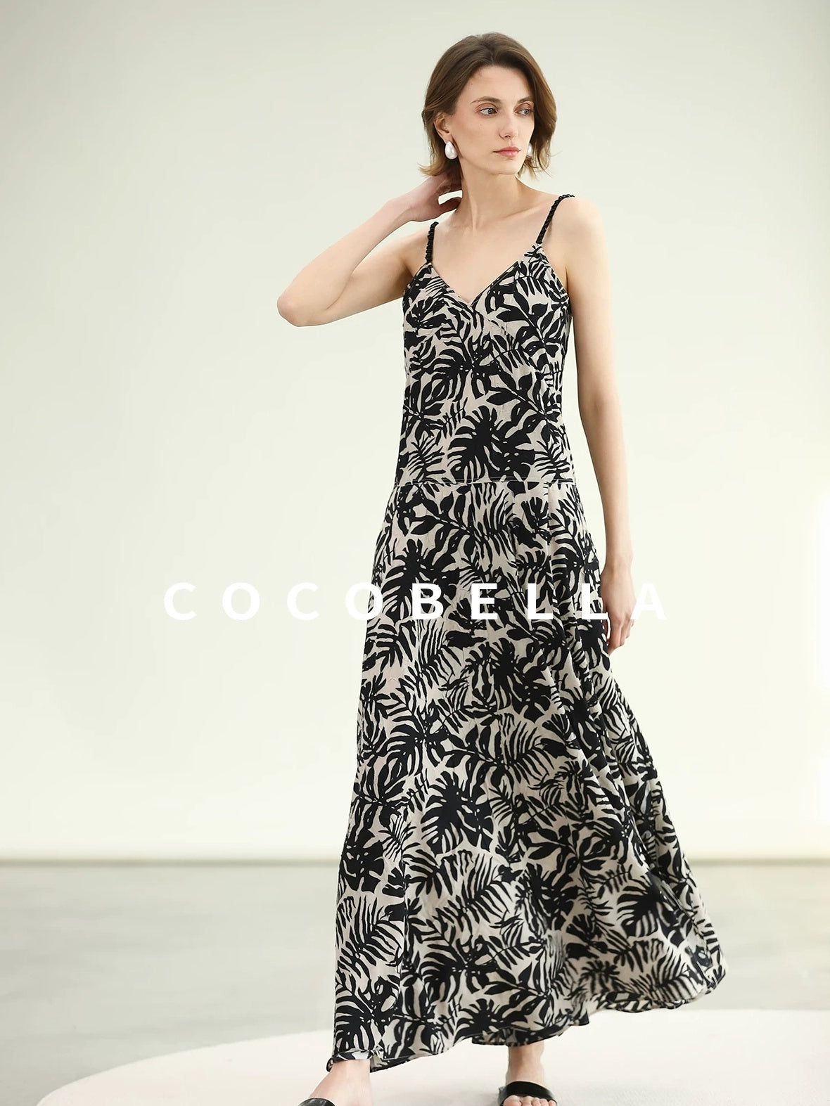 COCOBELLA Beaded Printed V Neck Slip Dress A Line Side Slit Waist Work Dresses
