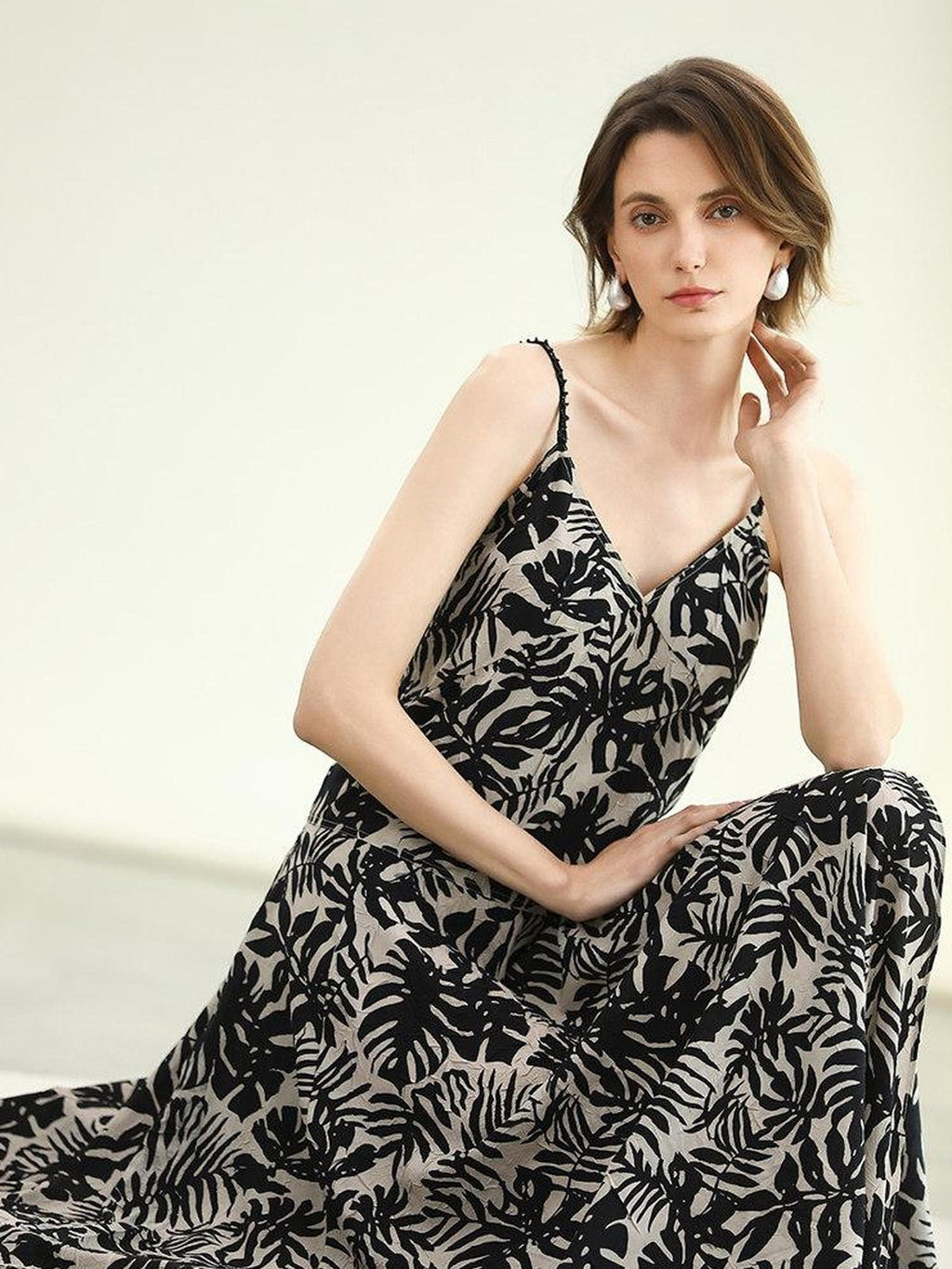 COCOBELLA Beaded Printed V Neck Slip Dress A Line Side Slit Waist Work Dresses