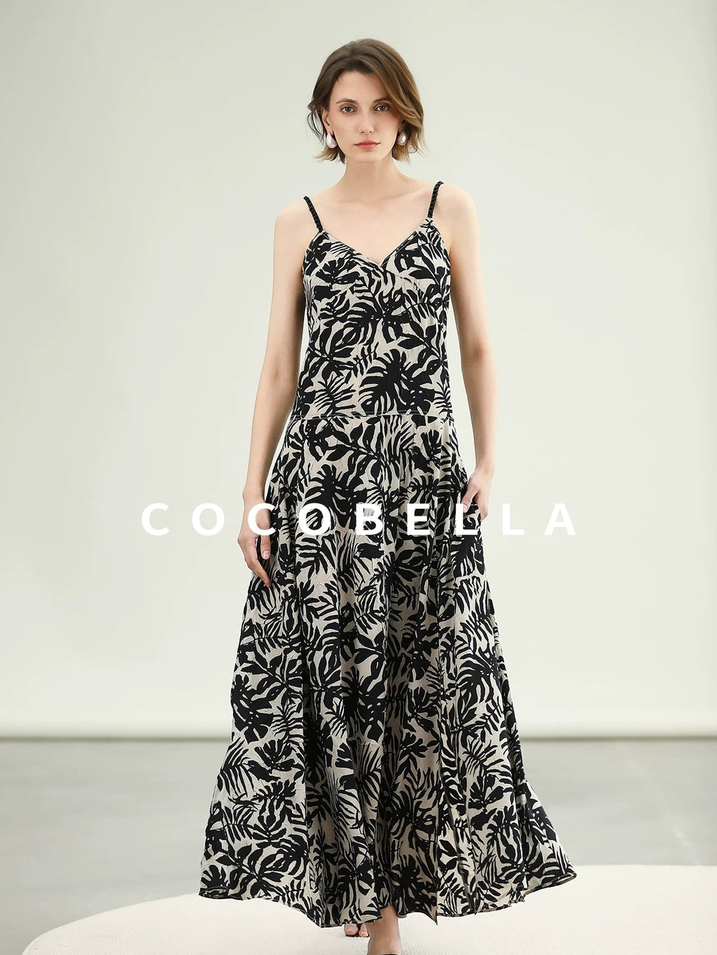 COCOBELLA Beaded Printed V Neck Slip Dress A Line Side Slit Waist Work Dresses
