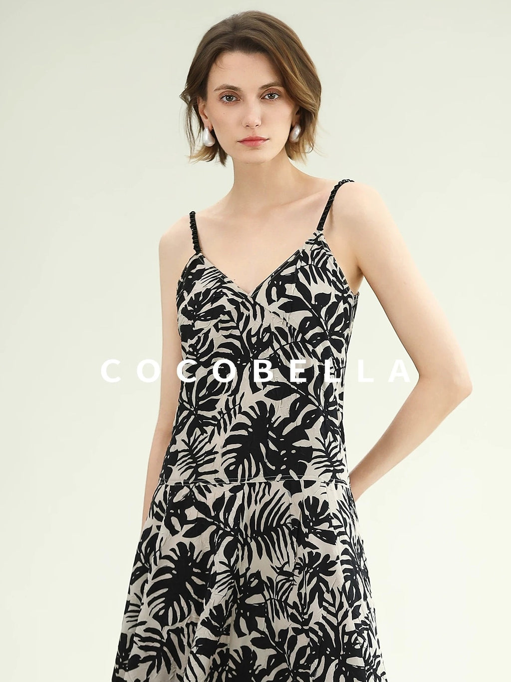 COCOBELLA Beaded Printed V Neck Slip Dress A Line Side Slit Waist Work Dresses