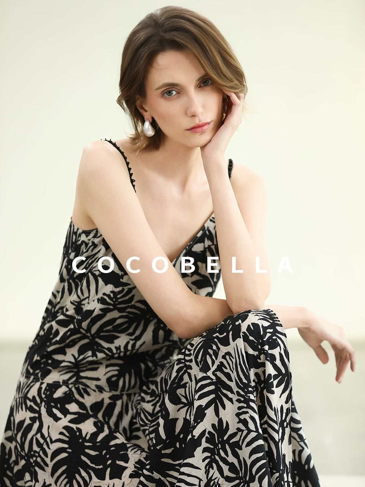 COCOBELLA Beaded Printed V Neck Slip Dress A Line Side Slit Waist Work Dresses