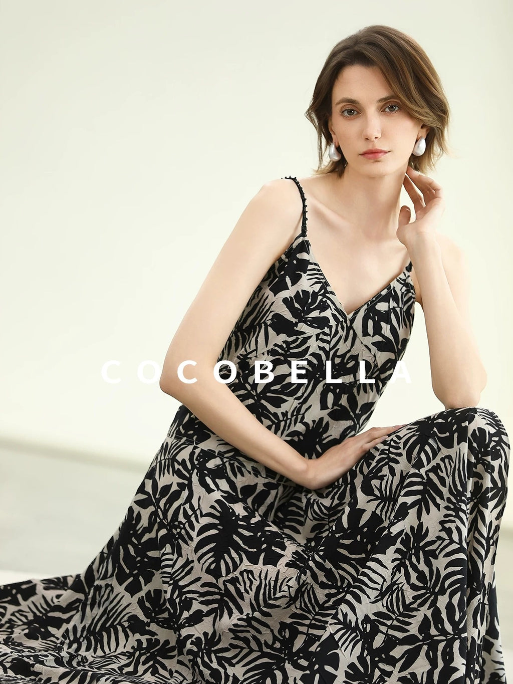 COCOBELLA Beaded Printed V Neck Slip Dress A Line Side Slit Waist Work Dresses
