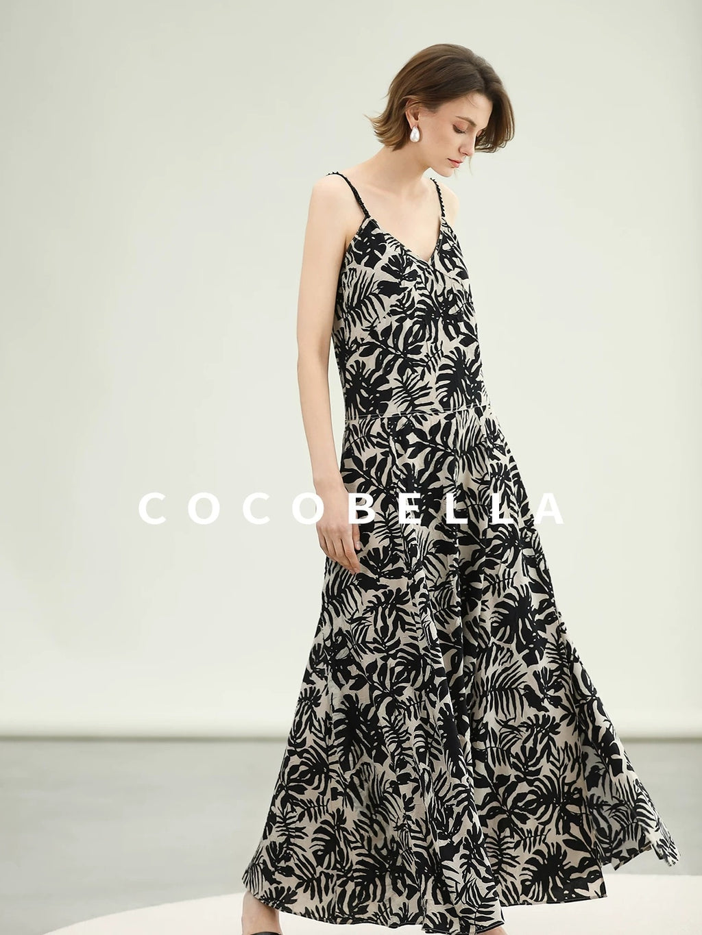 COCOBELLA Beaded Printed V Neck Slip Dress A Line Side Slit Waist Work Dresses