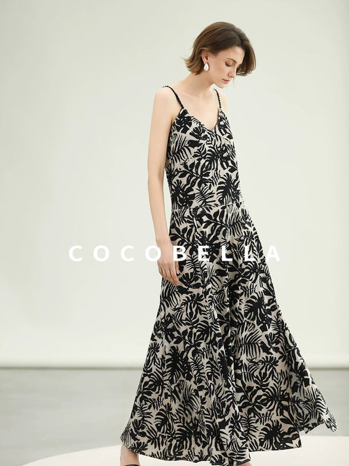 COCOBELLA Beaded Printed V Neck Slip Dress A Line Side Slit Waist Work Dresses