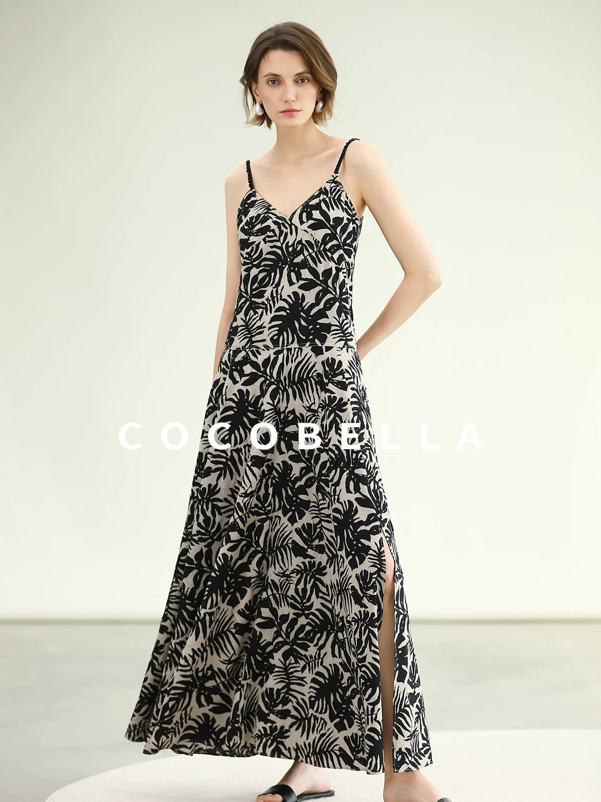 COCOBELLA Beaded Printed V Neck Slip Dress A Line Side Slit Waist Work Dresses