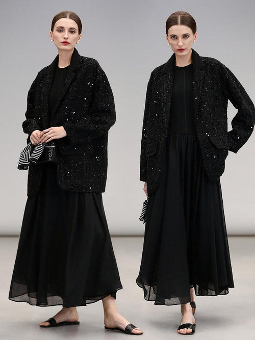 COCOBELLA Beaded Sequin Straight Fit One Button Office Long Sleeve Black Women Blazers