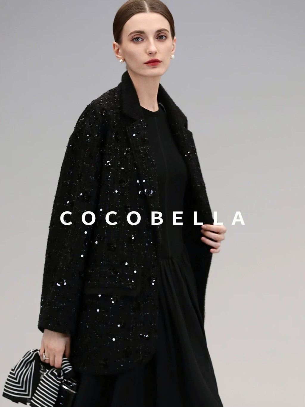 COCOBELLA Beaded Sequin Straight Fit One Button Office Long Sleeve Black Women Blazers