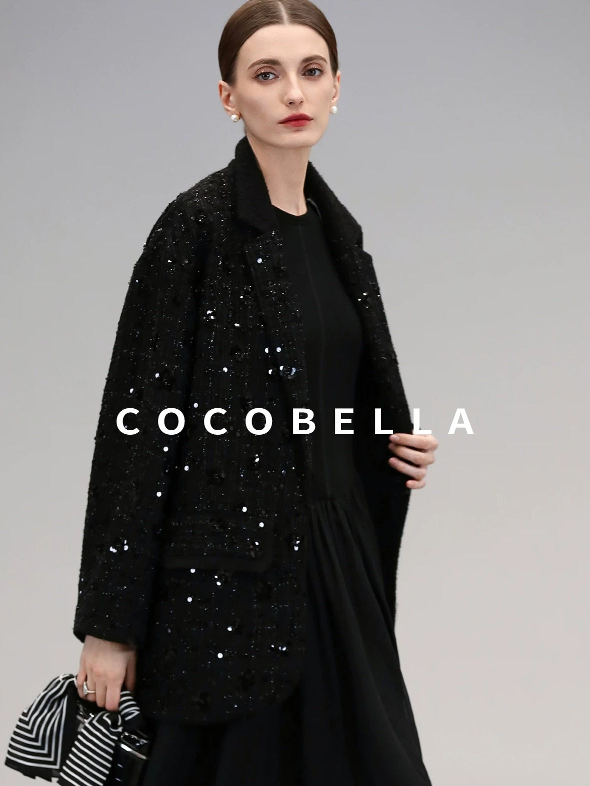 COCOBELLA Beaded Sequin Straight Fit One Button Office Long Sleeve Black Women Blazers