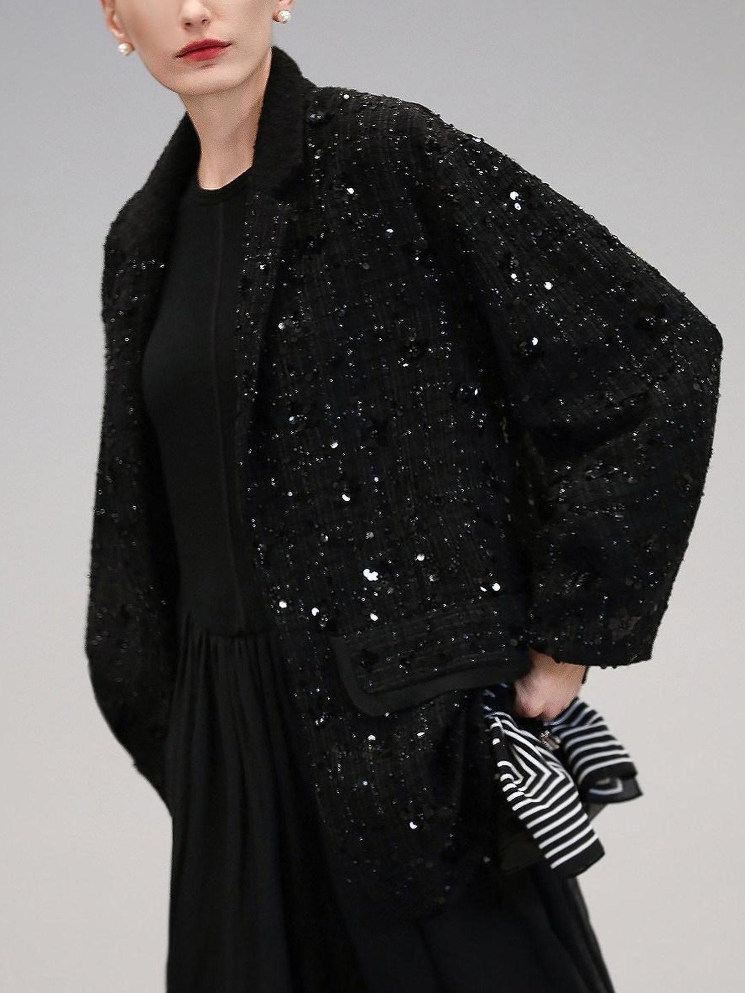 COCOBELLA Beaded Sequin Straight Fit One Button Office Long Sleeve Black Women Blazers