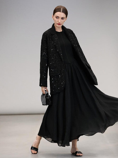 COCOBELLA Beaded Sequin Straight Fit One Button Office Long Sleeve Black Women Blazers