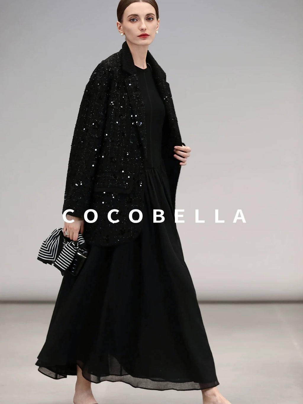 COCOBELLA Beaded Sequin Straight Fit One Button Office Long Sleeve Black Women Blazers