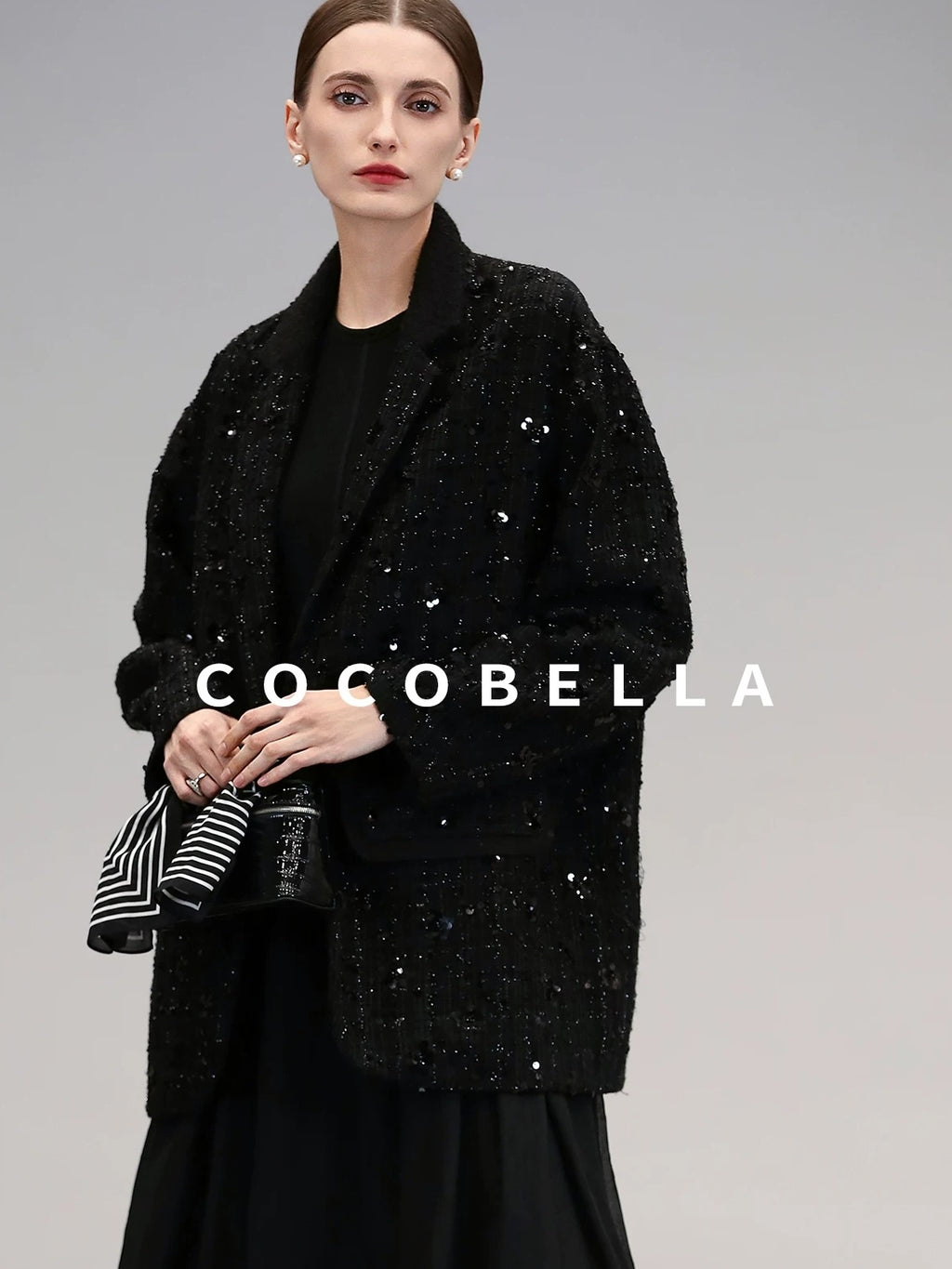COCOBELLA Beaded Sequin Straight Fit One Button Office Long Sleeve Black Women Blazers
