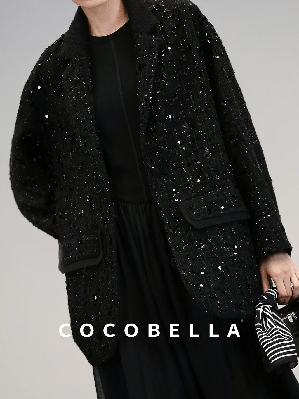 COCOBELLA Beaded Sequin Straight Fit One Button Office Long Sleeve Black Women Blazers