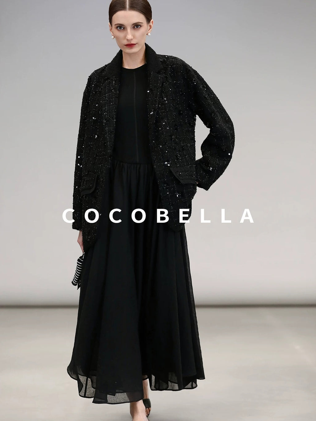 COCOBELLA Beaded Sequin Straight Fit One Button Office Long Sleeve Black Women Blazers