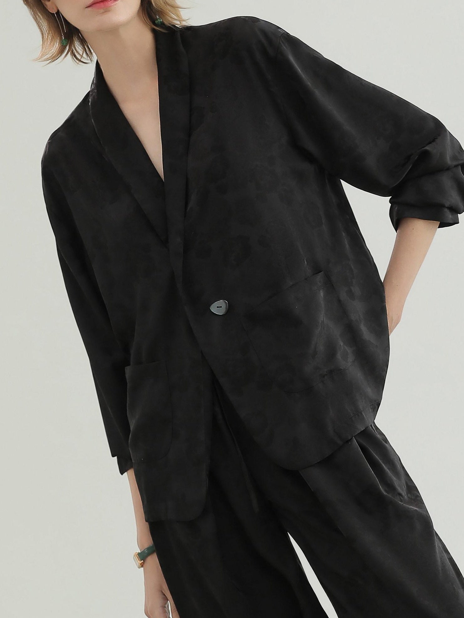 COCOBELLA Botanical Jacquard Straight Fit Single Button Pockets Office Women Blazers