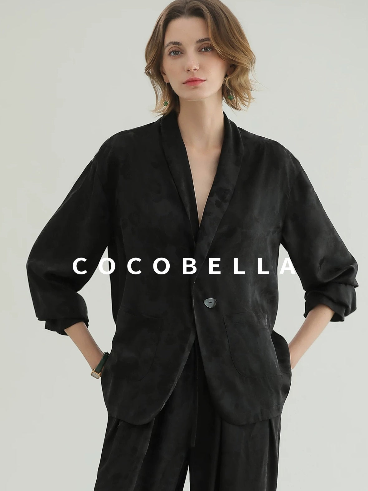 COCOBELLA Botanical Jacquard Straight Fit Single Button Pockets Office Women Blazers