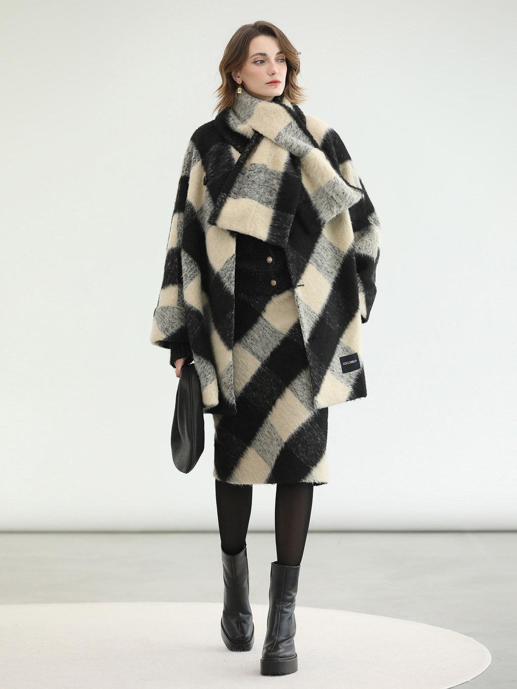 COCOBELLA British Plaid Single Breasted Straight Midlength Office Polyester Coats