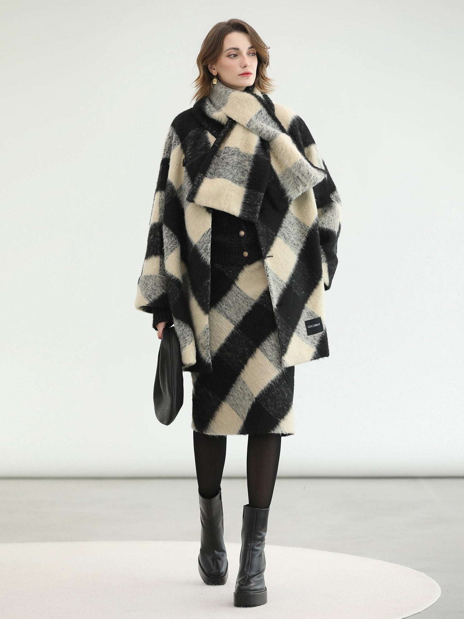 COCOBELLA British Plaid Single Breasted Straight Midlength Office Polyester Coats