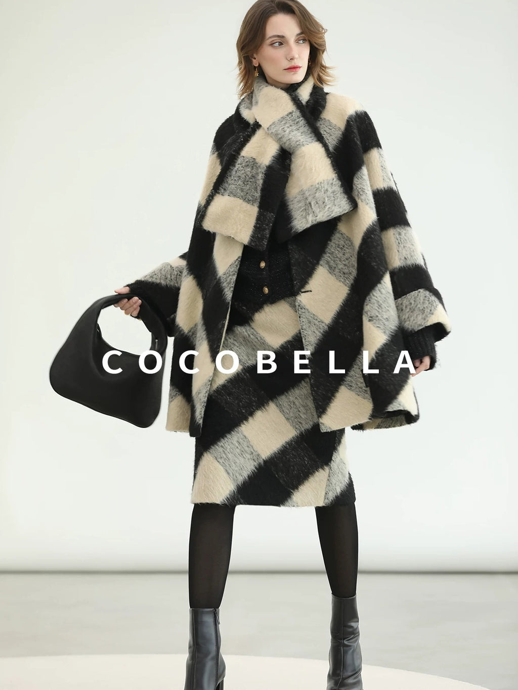 COCOBELLA British Plaid Single Breasted Straight Midlength Office Polyester Coats