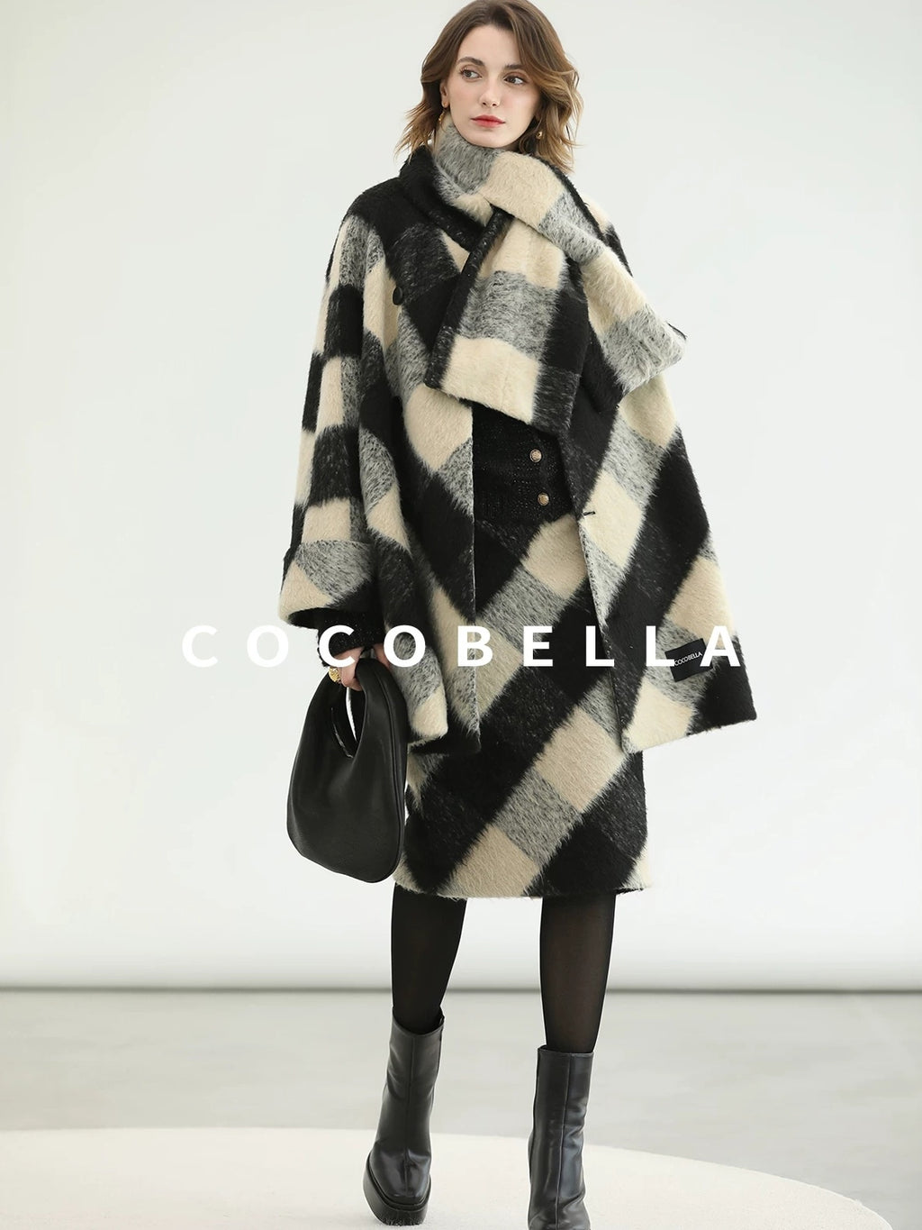COCOBELLA British Plaid Single Breasted Straight Midlength Office Polyester Coats