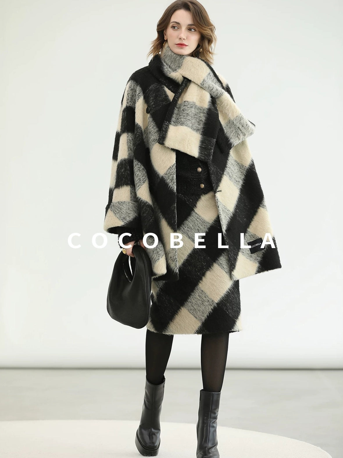 COCOBELLA British Plaid Single Breasted Straight Midlength Office Polyester Coats