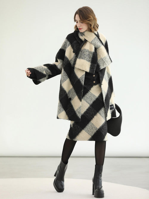 COCOBELLA British Plaid Single Breasted Straight Midlength Office Polyester Coats